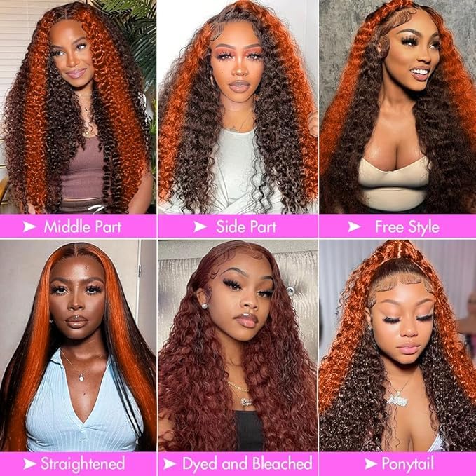 250 Density Curly Lace Front Wigs Human Hair Pre Plucked Hairline Glueless Wig 13x6 HD Lace Frontal Wigs for Women Ginger Orange Colored Ombre Wig Brazilian Virgin Hair 26inch