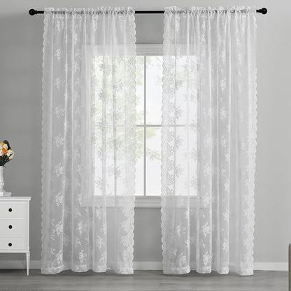 Kotile White Lace Curtains for Bedroom Country Floral 42 x 63 Inch 2 Panels | - Image 6