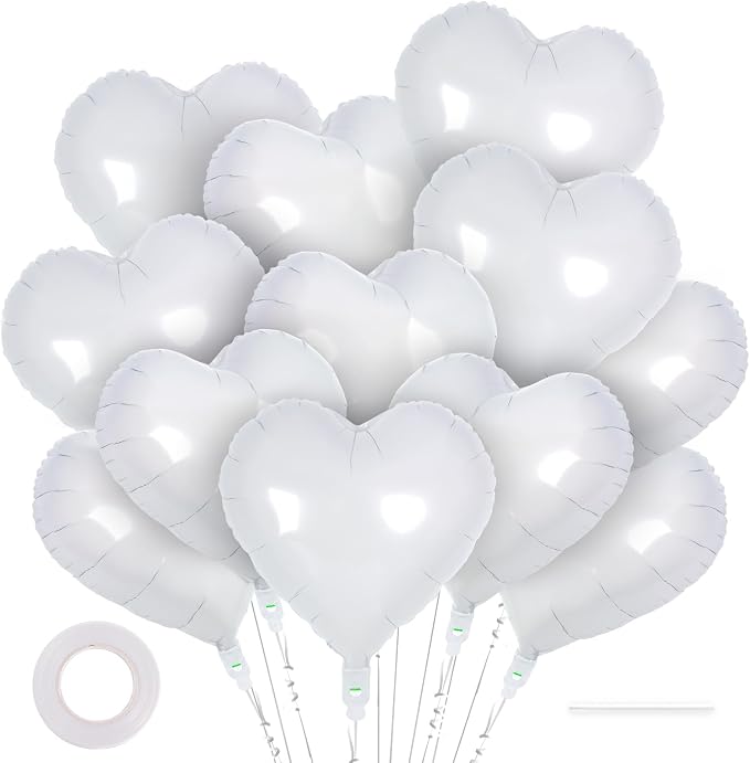 12 Pcs White Heart Balloons, 18 Inch Heart Foil Balloons Love Balloon Valentine by YOTHORN