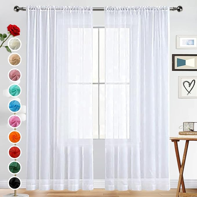 SpaceDresser Basic Rod Pocket Sheer Voile Window Curtain Panels White 1 Pair 2 - Image 2