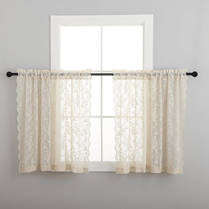 FINECITY Short Beige Lace Curtains Rustic Leaf Floral W42xL36 Inch 2 Panels | - Image 2