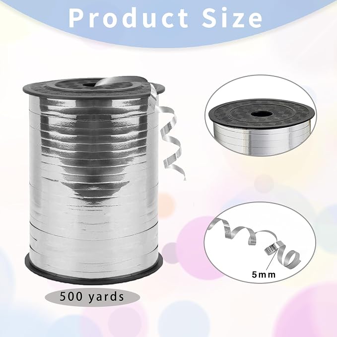 500 Yard Bright Silver Balloon String, 1/5" Ribbon Curling - Image 2