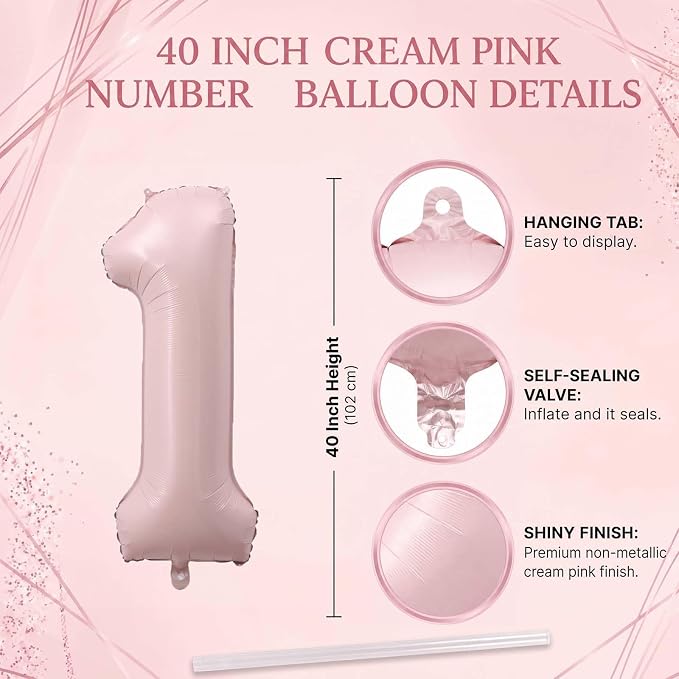 Baby Pink Number 1 Balloon 40 Inch, Foil Numeral Milestone Party Supplies | - Image 4