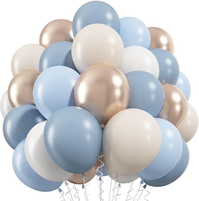 Dusty Blue and Gold Balloons 60 Pcs, 12 Inch Dusty Baby Blue Chrome Gold by TAOYE