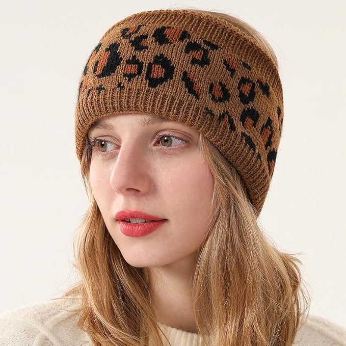 Women Leopard Knit Headband,Warm Sports Headscarf,Soft Stretchy Wide Hair Band,Fashion Accessories for Daily Wear,2PCS Sets
