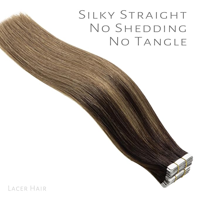 Lacer Brown Glue in Hair Extensions Natural Balayage Seamless Double Side PU Skin Weft Tape in Human Hair Extensions Ombre Darkest Brown to Chestnut Brown 100g 40pcs/set 24 Inch
