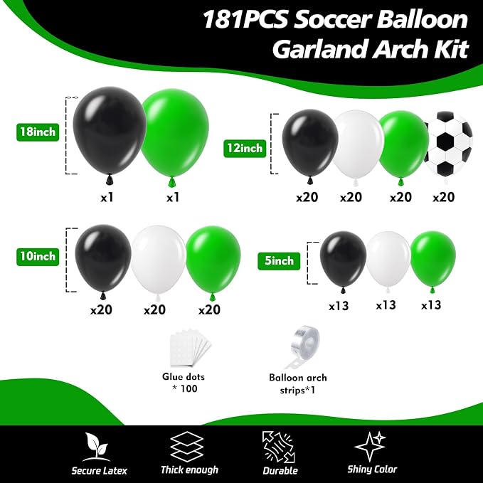 181Pcs Soccer Balloon Garland Arch Kit -Green White Black Soccer Party - Image 2