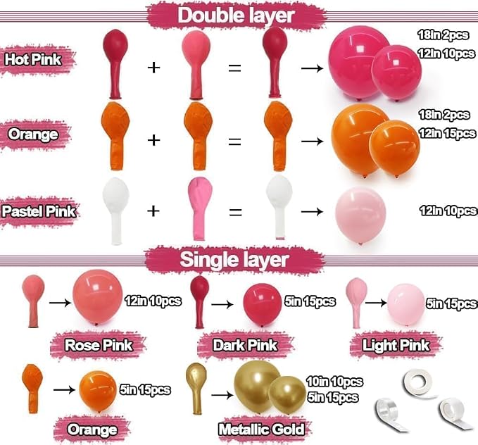 Pink Orange Balloon Garland Double Stuffed Hot Pink Orange Gold Metallic Pastel - Image 3