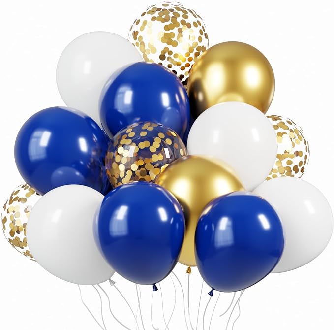 KBZVNAF Royal Blue Gold White Balloons 60 Pack 12 inch | Metallic Gold Confetti by KBZVNAF