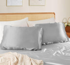 SiinvdaBZX Silver Grey Satin Pillowcase Standard/Queen Size Set of 2, Silky Travel Elastic Band Satin Pillow Case for Hair and Skin, Soft Portable & Fit for Various Pillow