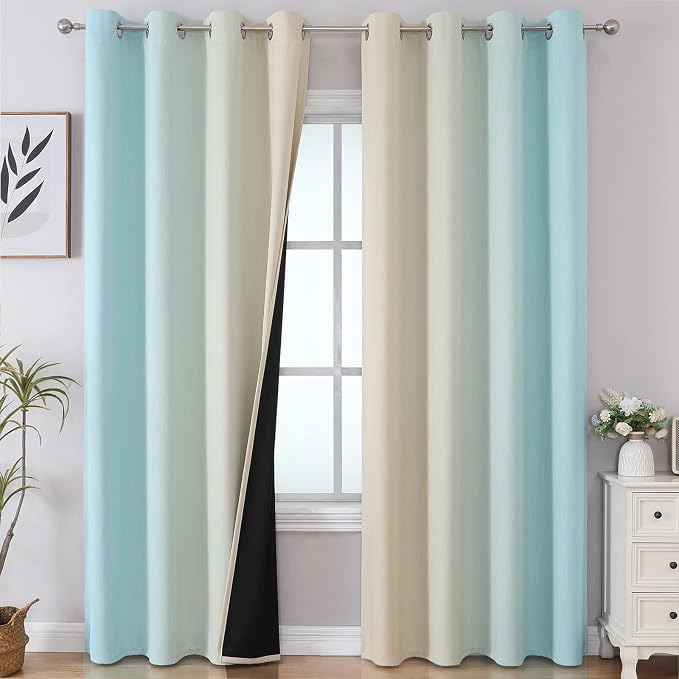 Ombre Aqua and Beige Blackout Curtains 96 Inches Long by ESTELARTEXTILER