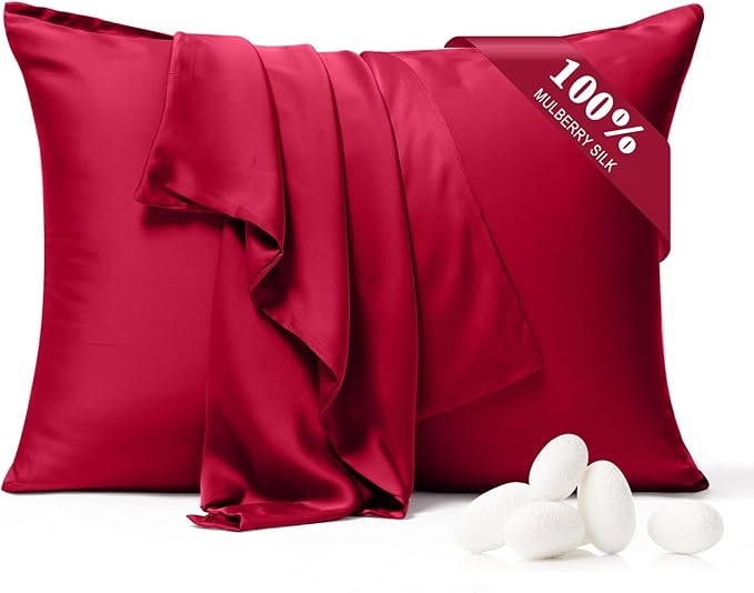 100% Pure Silk Pillowcase 2 Pack for Hair and Skin, Both Sides 23 Momme Grade 6A+ Mulberry Silk Pillowcases with Hidden Zipper, Soft&Smooth Cooling Pillow Cases (Red, King 20x36)