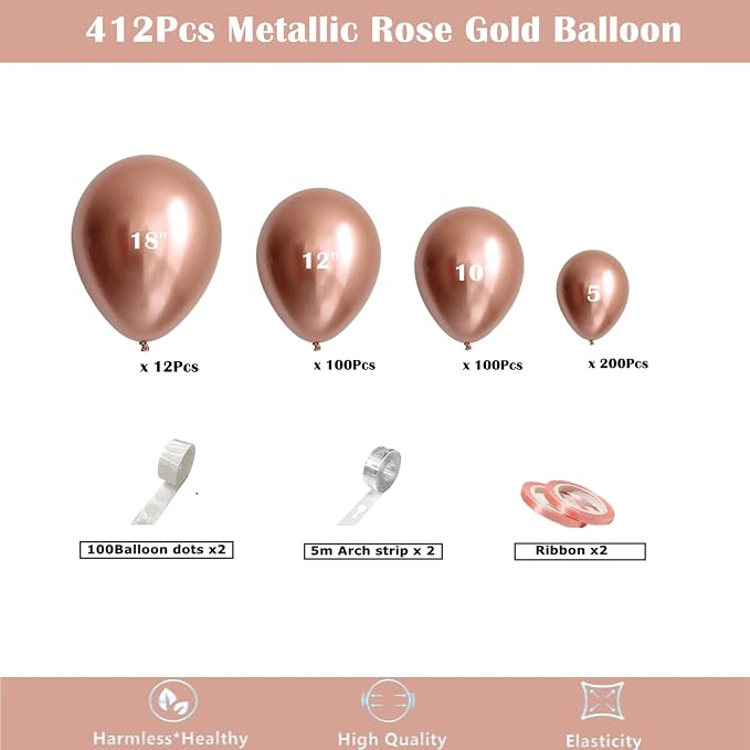 412pcs Metallic Rose Gold Balloon Garland Arch Kit 18 12 10 5 Inch Different - Image 2