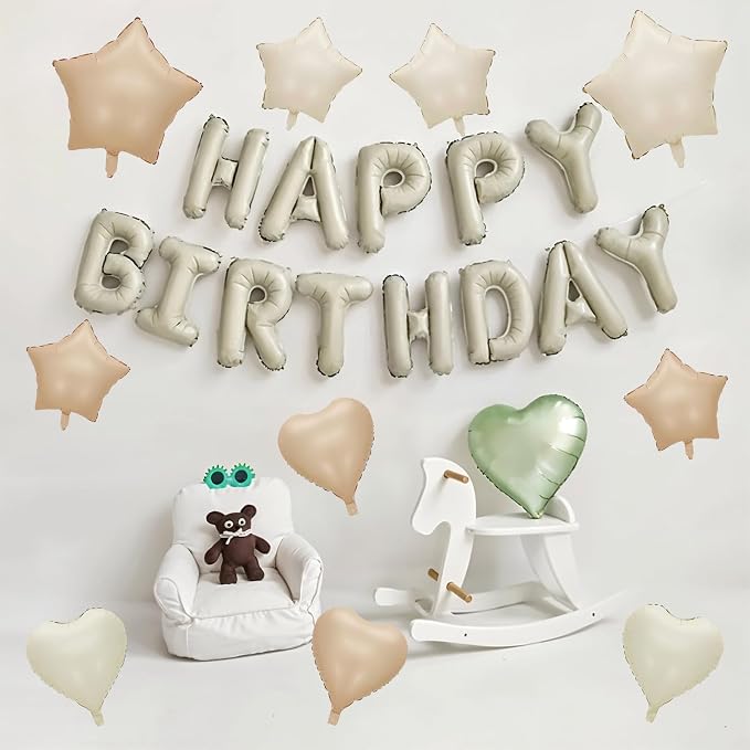 Happy Birthday Balloon Banner Cream, 16 Inch Beige Mylar Foil Letter Balloons - Image 4