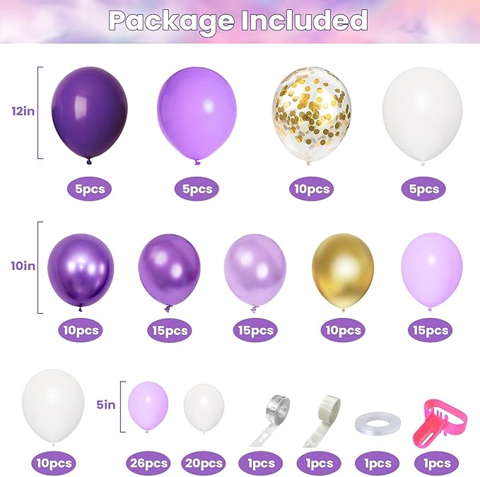 Amandir 150Pcs Purple Balloons Garland Arch Kit | Light Pastel Purple Gold - Image 3