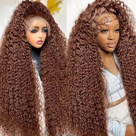 250% Density 32 Inch Mongolian Deep Lace Front Wigs Human Hair 13x6 Auburn Brown HD Transparent Lace Front Wigs for Women With Baby Hair Chocolate Curly Lace Front Wigs