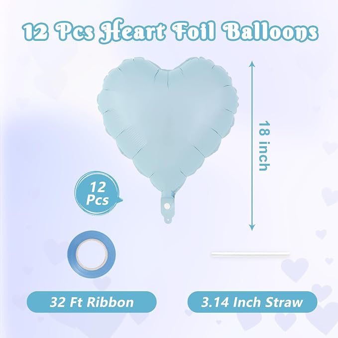 12 Pcs Blue Heart Balloons, 18 Inch Heart Foil Balloons Love Balloon Valentine - Image 2