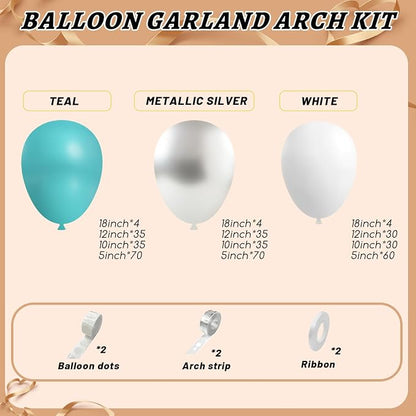 412Pcs Teal Silver White Balloon Garland Arch Kit, 18 12 10 5 Inch Different - Image 2