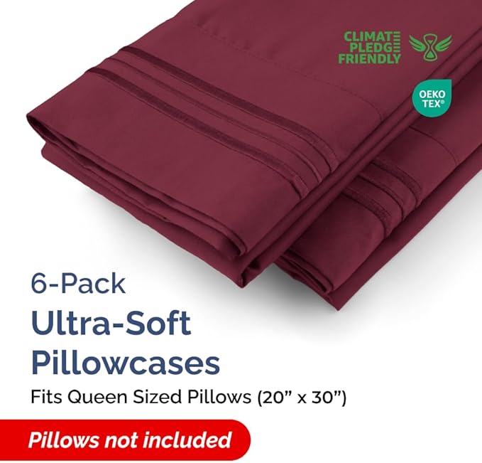 Queen Pillow Cases Set of 6 - Ultra Soft Hotel Quality Pillowcase Covers - Comfy, Cozy & Wrinkle Free - Shrink, Stain and Fade Resistant - Machine Washable Pillow Protectors - 6 Piece Set - Burgundy