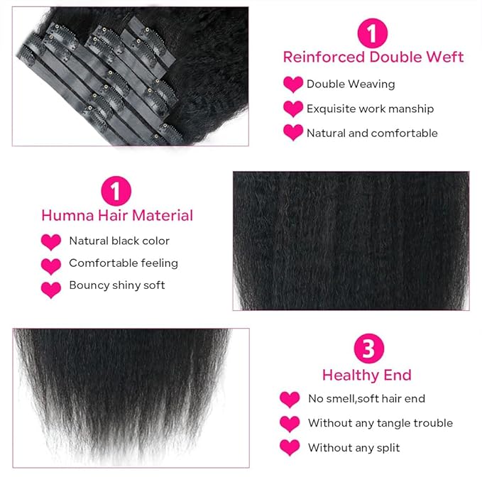 Seamless Kinky Straight Clip in Hair Extensions for Black Women Brazilian Virgin Human Hair Extensions 8Pcs Seamless Clip ins Human Hair with 18Clips Invisible PU Skin Weft 120g 18inch Natural Black
