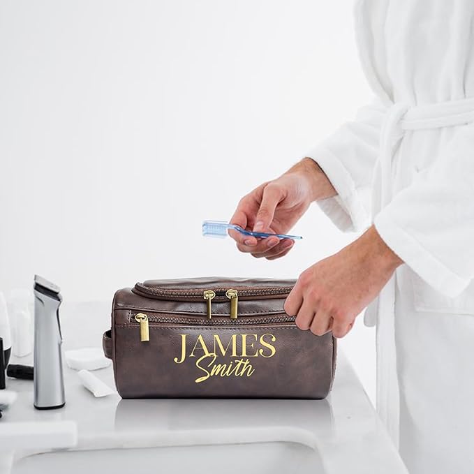 Personalized Toiletry Bag for Men, Engraved Name Initials Toiletry Bag, Customized Monogram Travel Shaving Dopp Kit for Groomsmen, Gift for Christmas, Birthday, Dad, Husband (Black)