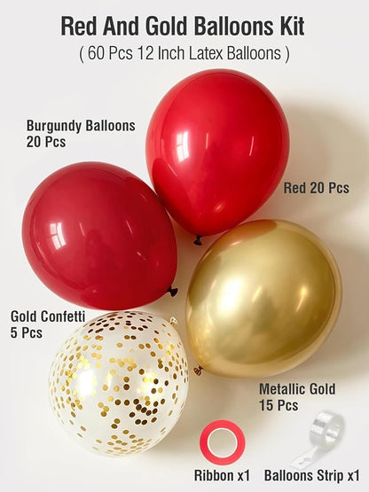 Red and Gold Balloons 60 Pcs 12 Inch Red Burgundy Latex Metallic Gold Confetti - Image 3