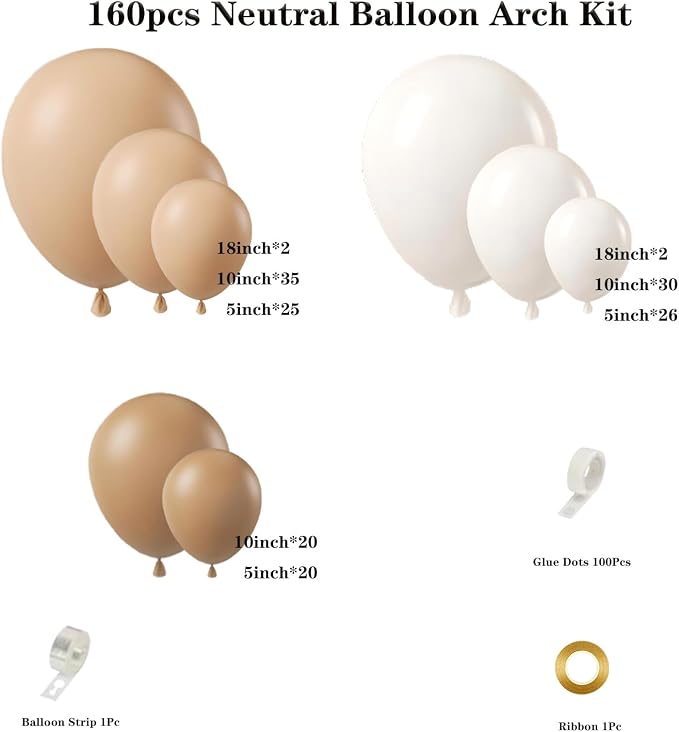 160Pcs Neutral Balloon Garland Arch Kit Brown Beige Nude Tan White Balloons - Image 2