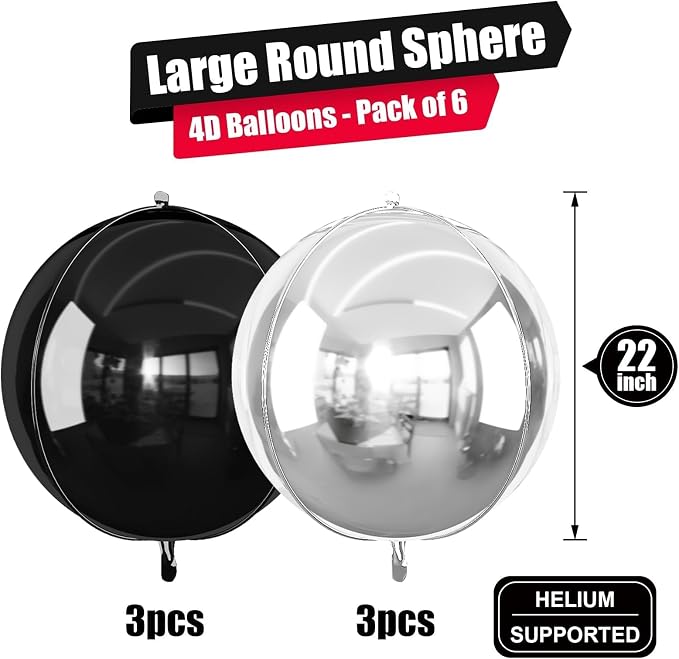 6Pcs Black Silver Round Foil Balloons, 22inch 4D Metallic Silver Black Balloons - Image 2