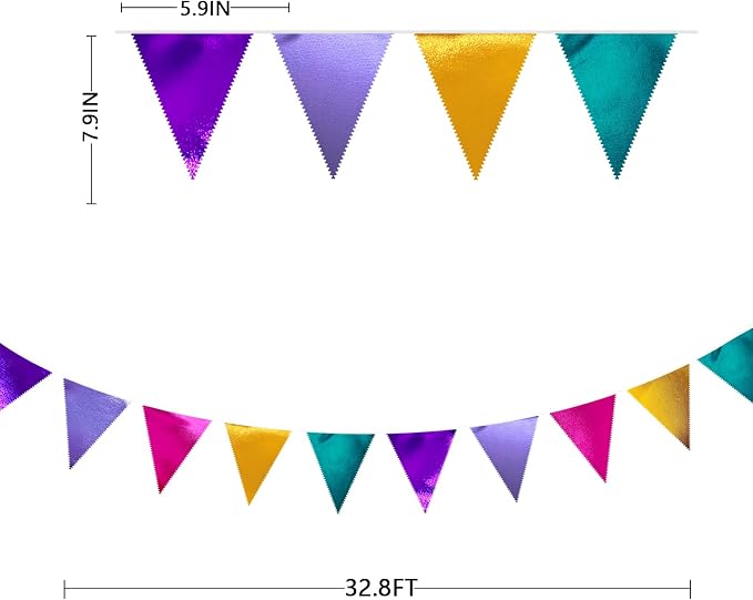 Colorful Party Decorations Hot Pink Teal Purple Metallic Fabric Triangle - Image 2