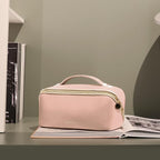 Prite Makeup Bag for Women Travel Waterproof Vegan Leather Cosmetic Bag Open Flat Toiletry Bag With Clear Divider and Handle (Large Pink)