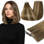 Full Shine Invisible Tape in Hair Extensions Human Hair 14 Inch Seamless 4/24/4 Brown Fading to Blonde and Brown Balayage 40G Remy Silky Hair Extension Straight Skin Weft 20Pcs Add Volume
