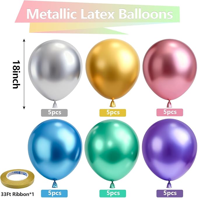 Bezente Metallic Chrome Balloons 18 Inch 30 Pack Latex Large Thick | Assorted - Image 2