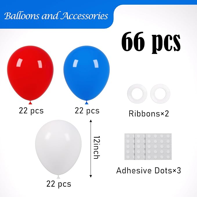 Voircoloria 66pcs Red White Blue Latex Party Balloons, 12inch | - Image 2