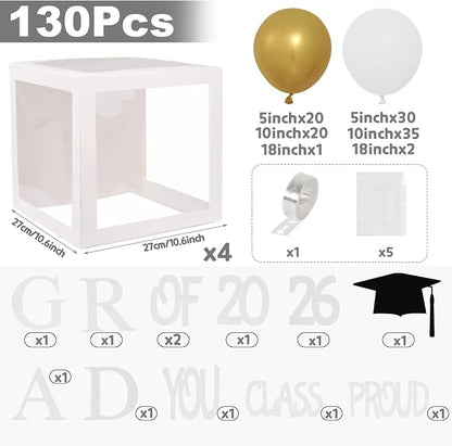 Graduation Decorations 2026, PROUD OF YOU, Class of 2026 and 130pcs White Gold - Image 2