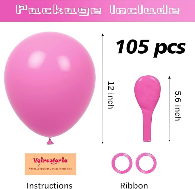 Voircoloria 105pcs Retro Hot Pink Party Latex Balloons, 12inch | - Image 2