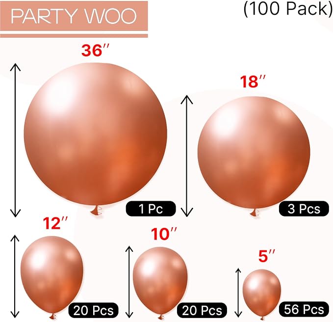 PartyWoo Metallic Rose Gold Balloons 100pcs 36 18 12 10 5 Inch | Balloons - Image 6
