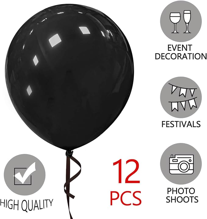 18 Inch Black Balloons 12 Pack Large Latex Party Balloons | Round Helium Balloon - Image 2