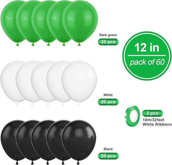 Black White Green Balloons, 12Inch Green White Latex Balloons Foootball Party - Image 2