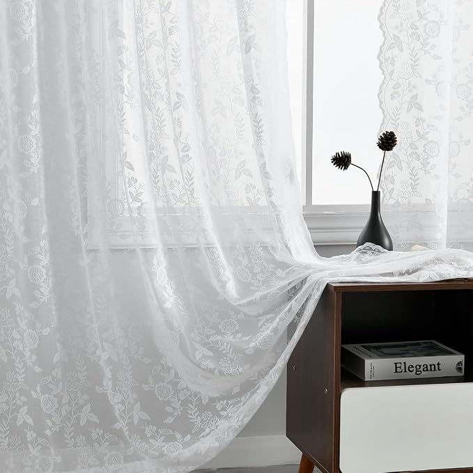 FINECITY White Lace Curtains for Living Room Rustic Floral 52x96 Inch 2 Pcs | by FINECITY