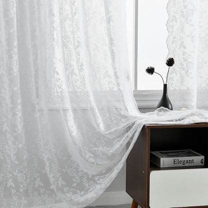 FINECITY White Lace Curtains for Living Room Rustic Floral 52x96 Inch 2 Pcs | by FINECITY