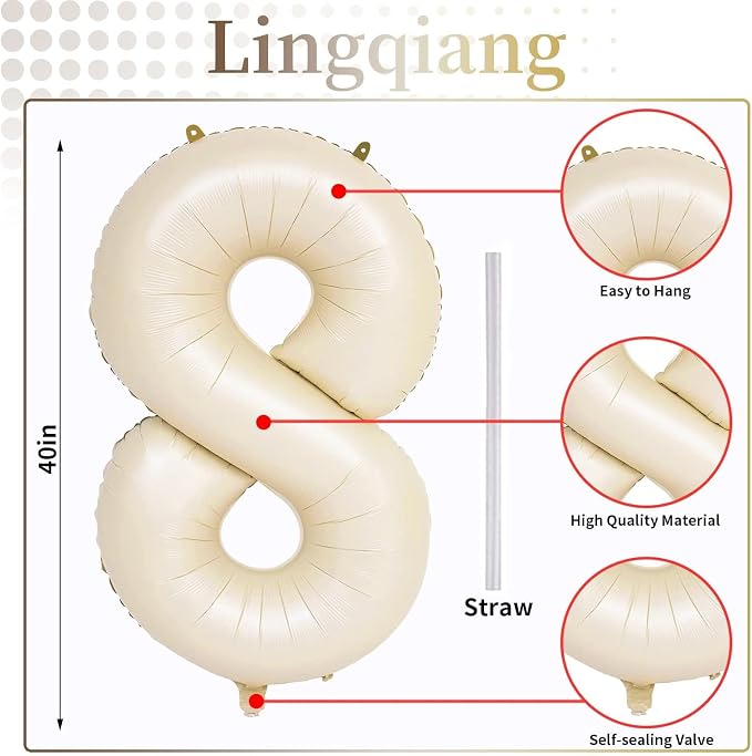 40 Inch Cream Foil Balloon Number 8, Giant Self Inflating Beige Number Balloons - Image 2