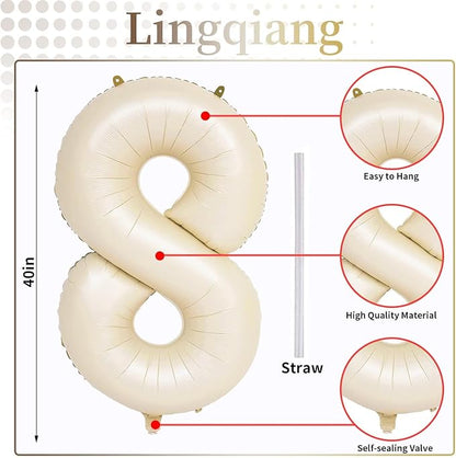 40 Inch Cream Foil Balloon Number 8, Giant Self Inflating Beige Number Balloons - Image 2