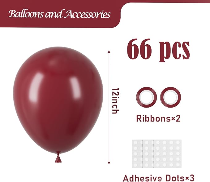 Voircoloria 66pcs Burgundy Maroon Latex Party Balloons, 12inch | - Image 2