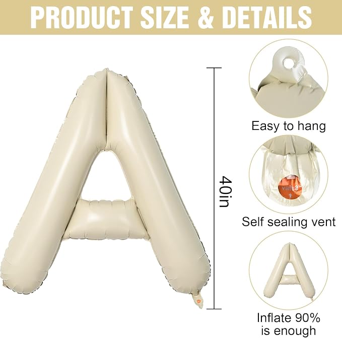 Cream A Letter Balloons, 40 Inch Letter A Balloon Beige, Helium Custom Letter - Image 2