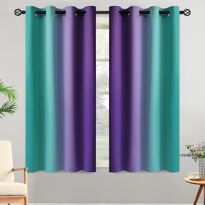 Yakamok Teal and Purple Blackout Curtains, Ombre Full Room Darkening Window - Image 2