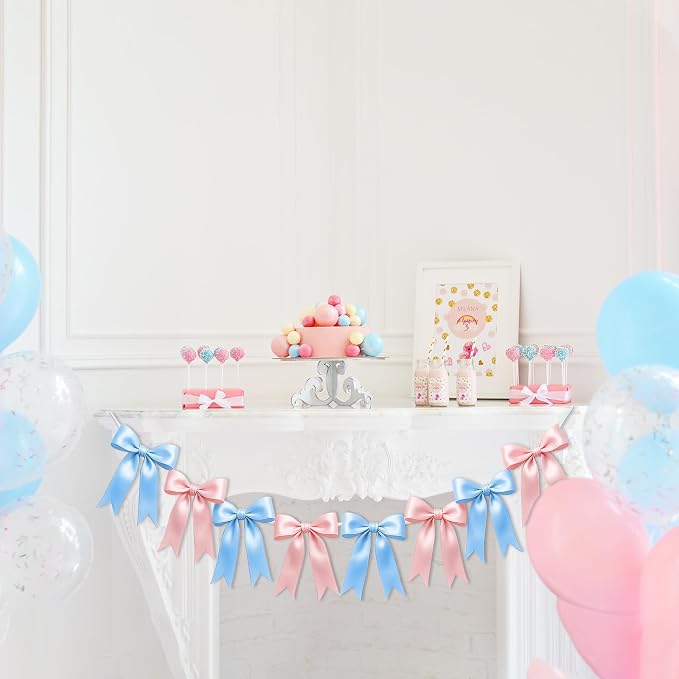 1 String of 8PCS Baby Pink&Baby Blue Bow Garland Banner Decoration, Pre-Strung - Image 6