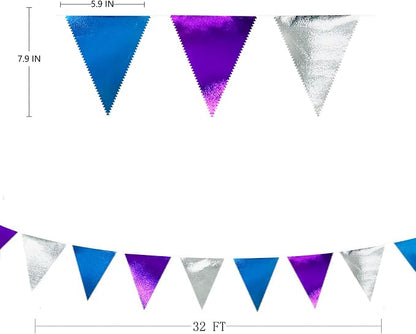Frozen Party Decoration Purple Blue Silver Metallic Fabric Triangle Pennant - Image 2