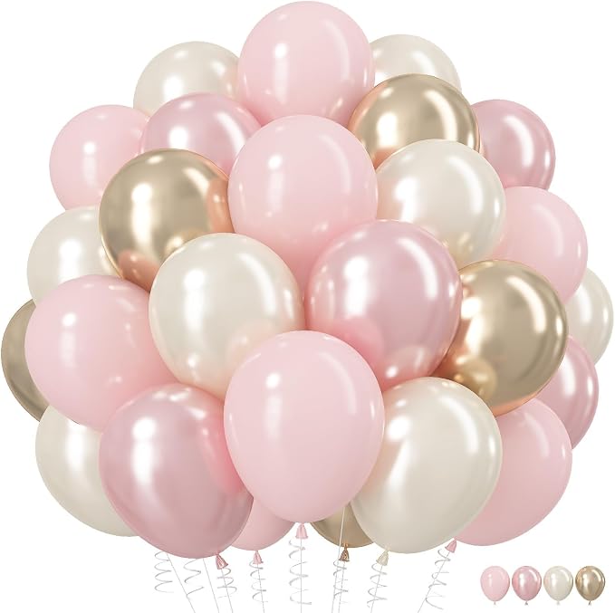 Pink and Gold Balloons, 12 Inch Double Stuffed Pearl Light Baby Pink and by Froova
