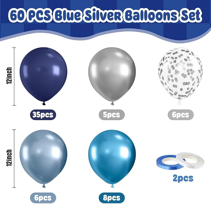 Paready Blue Silver Balloons Set, 12 Inch Confetti Silver Pearl Dark Blue Latex - Image 3