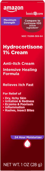 Amazon Basic Care Maximum Strength Anti-Itch Cream, Hydrocortisone 1 Percent Intensive Healing Formula, Itch Relief For Bug Bites, Eczema, Psoriasis, Poison Ivy, Oak and Sumac, 1 ounce (Pack of 1)